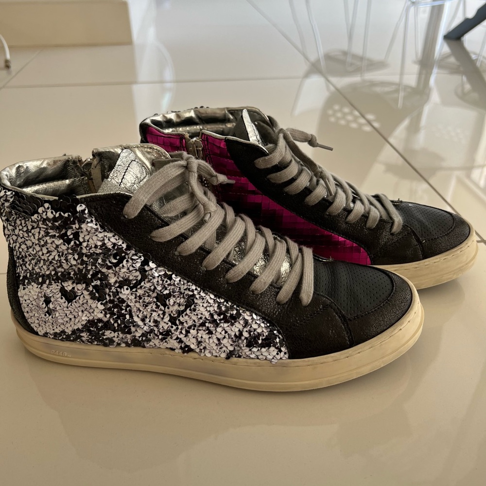 P448 Black Silver Sequin High-Top Sneakers with Pink Interior